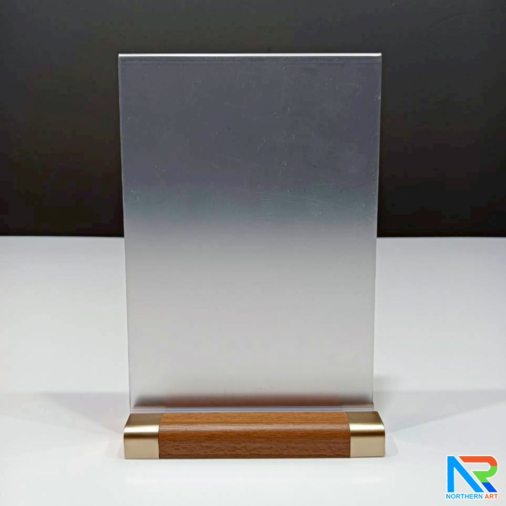 ป้ายตั้งโต๊ะ A5 ฐานไม้ พร้อมอะคริลิคใส สอดงานพิมพ์ด้านข้าง โชว์งานพิมพ์ 2 ด้าน