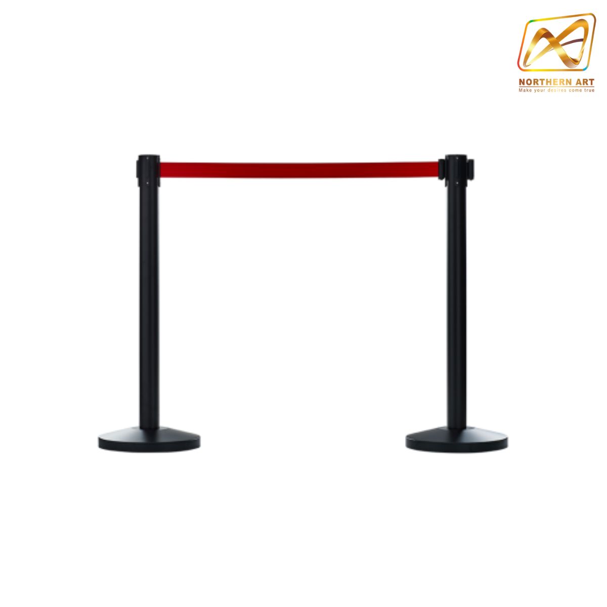 เช่าเสากั้นบริเขต เหล็กสีดำ พร้อมสายผ้าดึงกลับ สีแดง ดำ น้ำเงิน ฟ้า ( ราคาต่อเสา )