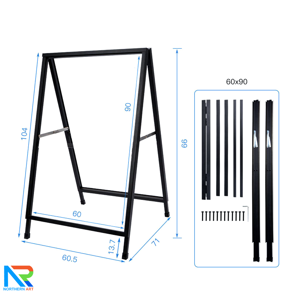 ป้ายตั้งพื้นเหล็ก สีดำ มีด้ามจับ ขนาด 60x90 cm. โชว์งานพิมพ์ 2 ด้าน พับเก็บได้ เคลื่อนย้ายสะดวก