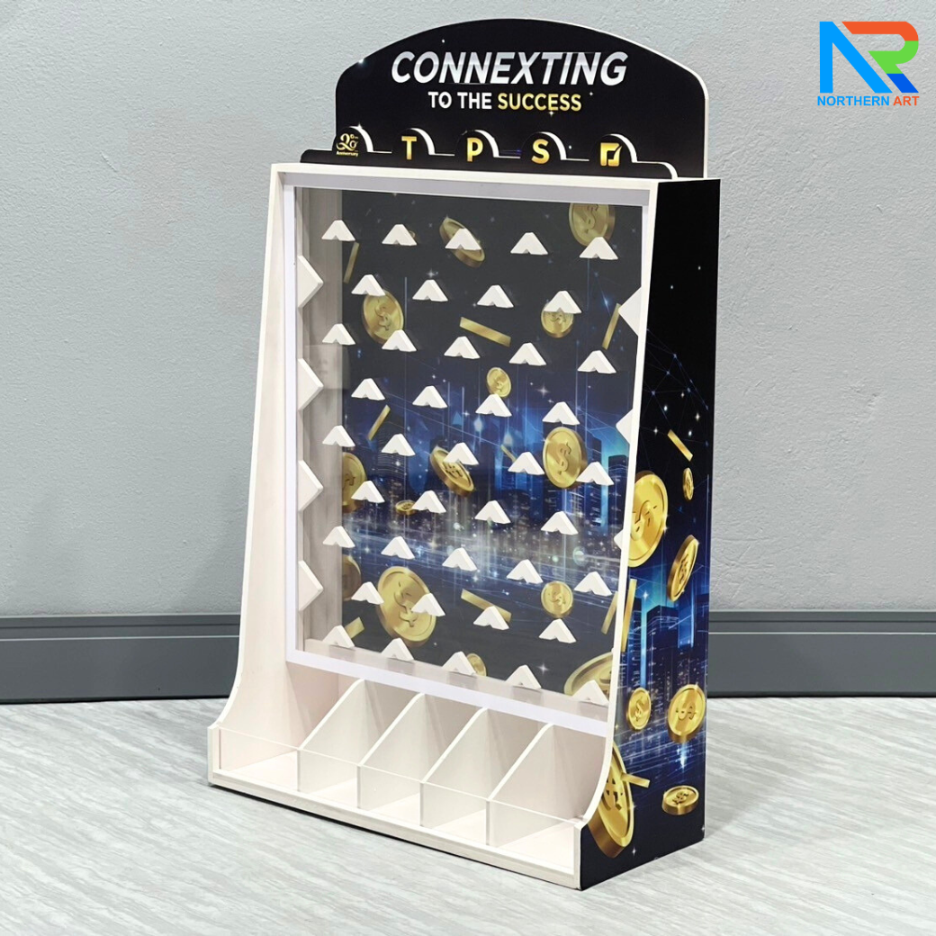 เช่าเกมส์หย่อนเหรียญตั้งโต๊ะ ขนาด (W)50 X (D)20 X (80) cm. วัสดุพลาสวูดหนา 8 มม. พร้อมเหรียญพลาสติกคละสี 10 เหรียญ