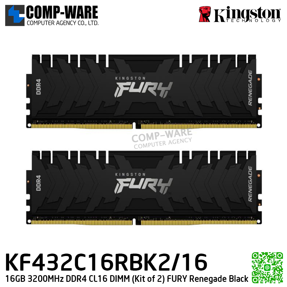 Kingston KF432C16RBK2/16 16GB 3200MHz DDR4 CL16 DIMM (Kit of 2) FURY Renegade Black - Lifetime Warranty - Memory Module - RAM