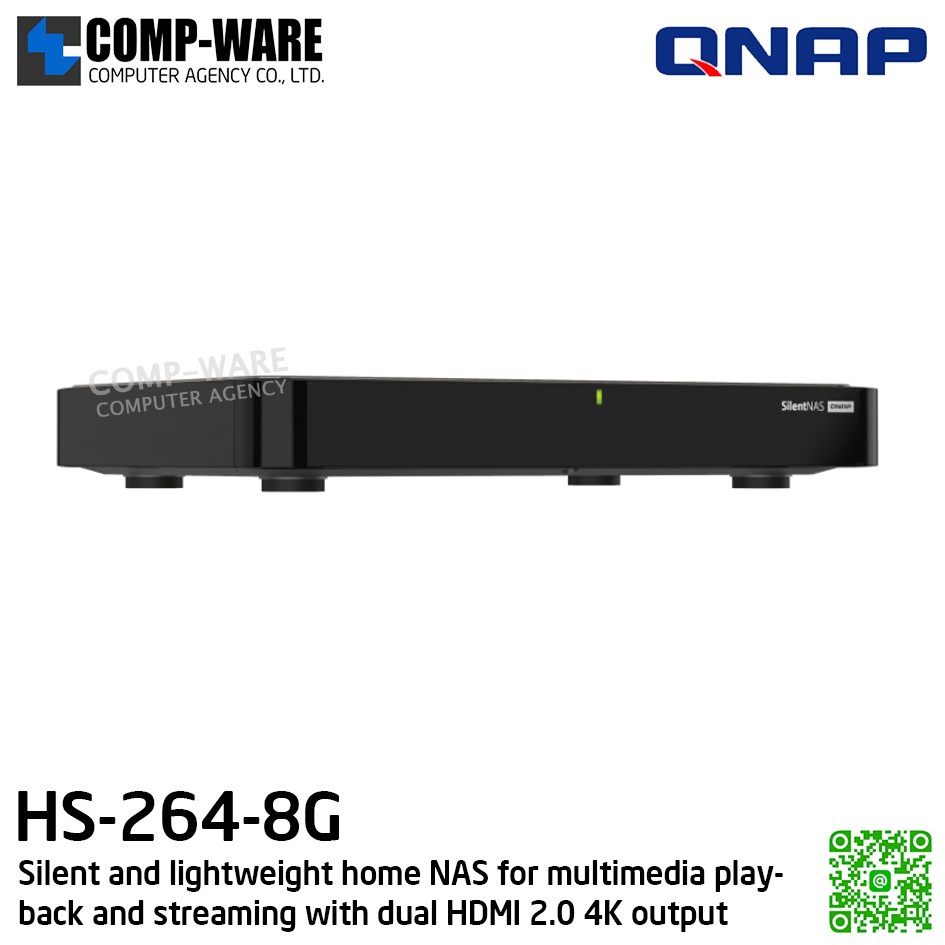 QNAP (Set-Top design 2-Bay) HS-264-8G / Intel Celeron N5105 / 8GB RAM / 2 x 3.5-inch SATA 6Gb/s / 2 x 2.5GbE / 2 x HDMI / Adapter Power / 2Y Warranty / No HDD