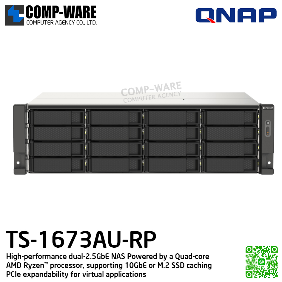 QNAP (3U 16-Bay) TS-1673AU-RP-16G / AMD Ryzen V1500B (4C/8T) / 16GB (1 x 16GB) DDR4/ 16 x 2.5"/3.5" SATA 6Gbps / 2 x 2.5GbE / 2 x 500W PSU / 3Y Warranty / No HDD / Rail kit RAIL-B02 / 3Y Warranty