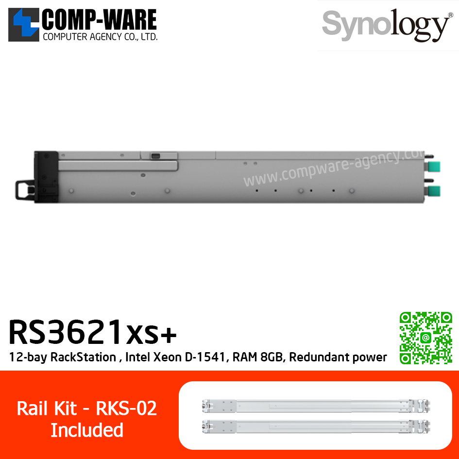 Synology RackStation (2U 12-Bay) RS3621xs+ / Intel Xeon D-1541 8-Core / 8GB ECC UDIMM RAM (Max.64GB) / 2x10GbE Base T, 4x1GbE Base T / Redundant power / Rail Kit RKS-02 / 5Y Warranty / No HDD