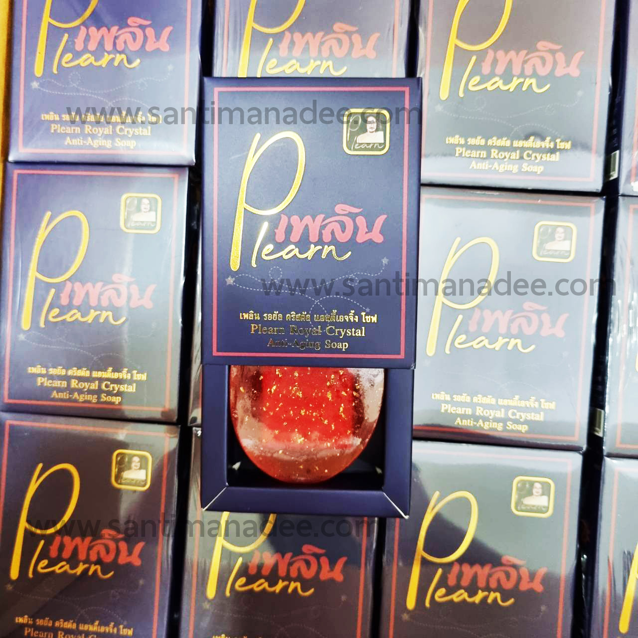 สบู่ป๋า เพลิน สบู่เพลิน Plearn สันติมานะดี santimanedee หมอนอกกะลา Plearn Royal Crystal Anti-Aging Soap สบู่ทับทิมทองคำ
