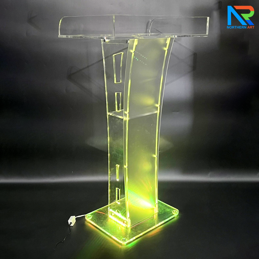 โพเดียมอะคริลิค เรืองแสงไฟ LED พร้อมรีโมทคอนโทรล รุ่น LED-05 ขนาด (W) 60 x (L) 42 x (H) 109 ซม.