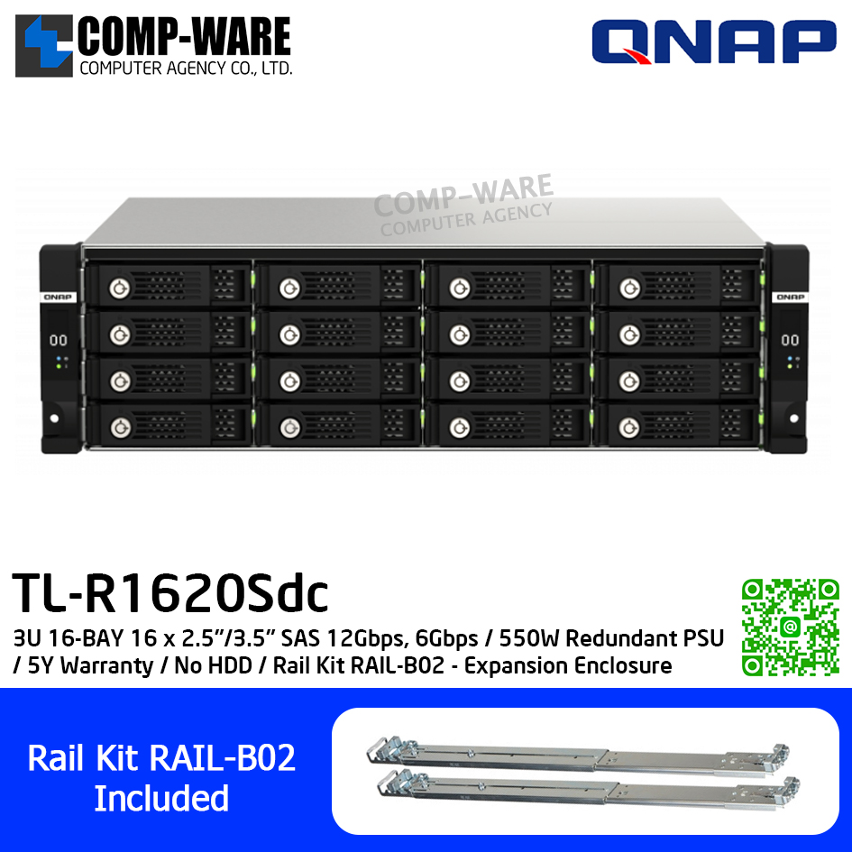 QNAP (3U 16-Bay) TL-R1620Sdc / 16 x 2.5"/3.5" SAS 12Gbps, 6Gbps / 550W Redundant PSU / 5Y Warranty / No HDD / Rail Kit RAIL-B02 - Expansion Enclosure