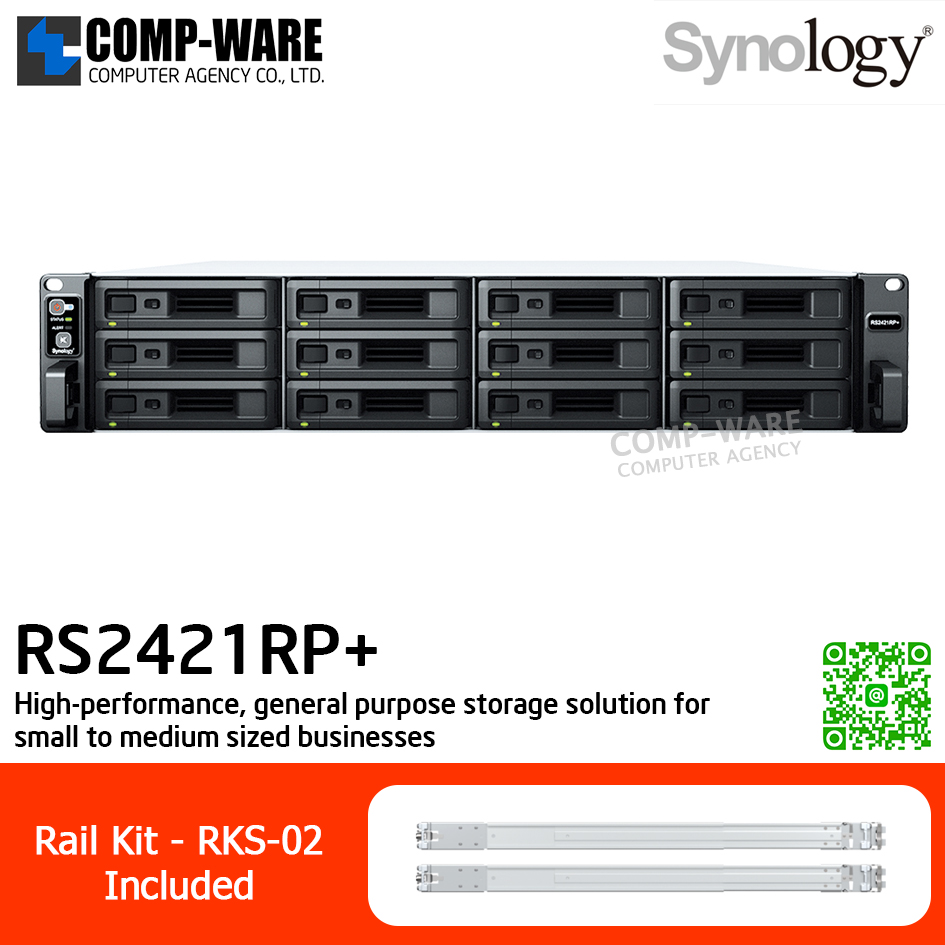 Synology RackStation (2U 12-Bay) RS2421RP+ / AMD Ryzen V1500B / 4GB DDR4 ECC (Max. 32GB) / 4x1GbE Base T, 25GbE/ 10GbE NIC & M.2 SATA SSD (Optional) / Redundant Power / Rail kit RKS-02 / No HDD / 3Y Warranty