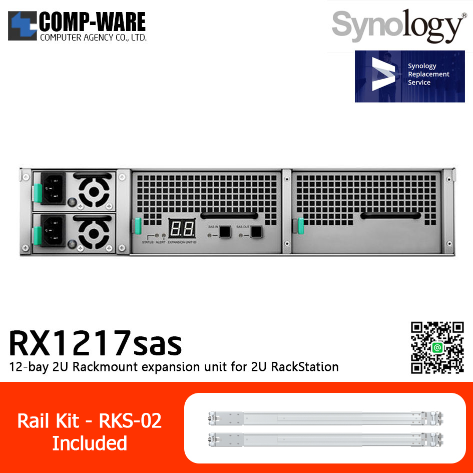 Synology Expansion Unit (2U 12-Bay) RX1217sas / Rail Kit RKS-02 / No HDD / 5 Year Warranty