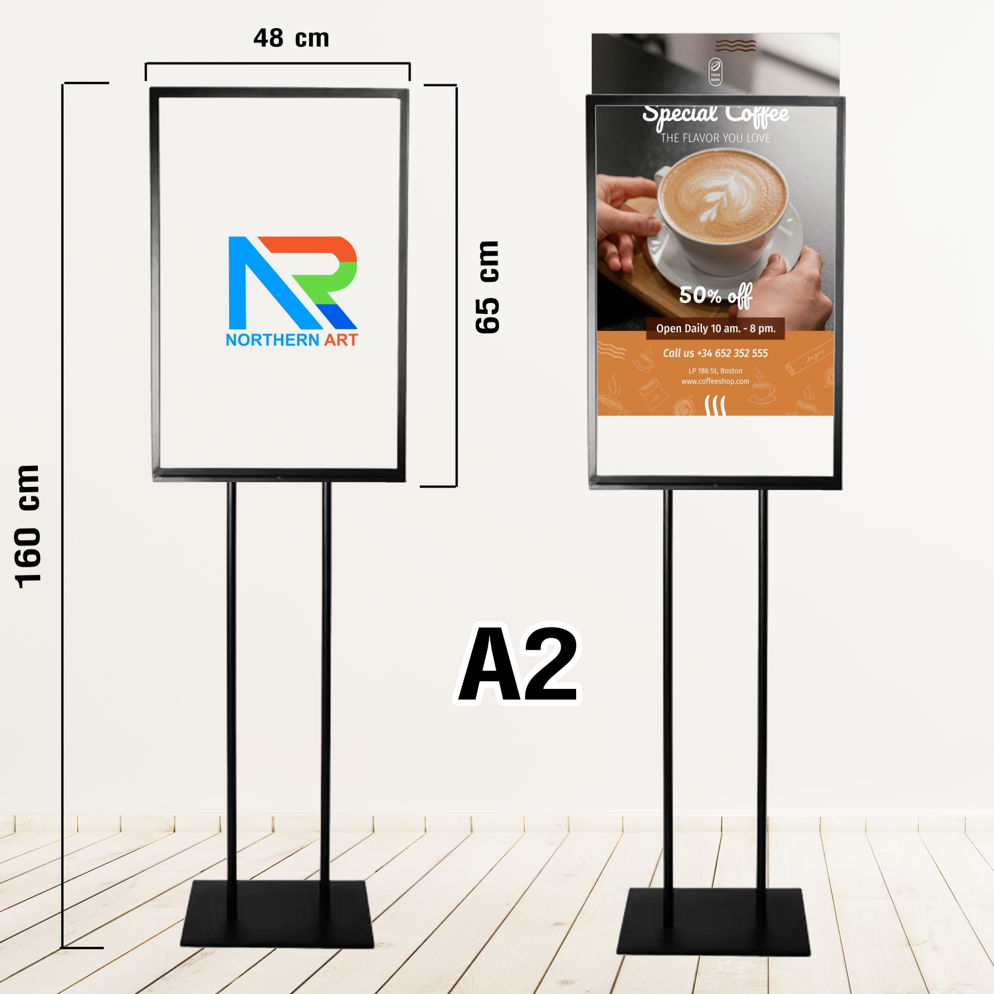 โปสเตอร์สแตนด์เหล็ก เสาคู่ A2 ขนาดเฟรม (W)48 x (L)65 cm. ฐานเหลี่ยม พร้อมแผ่นอะคริลิคใส 2 แผ่นโชว์งานพิมพ์ 2 ด้าน