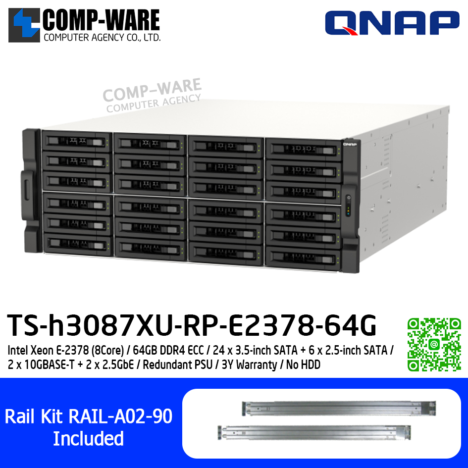 QNAP (4U 30-Bay) TS-h3087XU-RP-E2378-64G / Intel Xeon E-2378 (8Core) / 64GB DDR4 ECC / 24 x 3.5-inch SATA + 6 x 2.5-inch SATA / 2 x 10GBASE-T + 2 x 2.5GbE / Redundant PSU / 3Y Warranty / No HDD / Rail Kit RAIL-A02-90