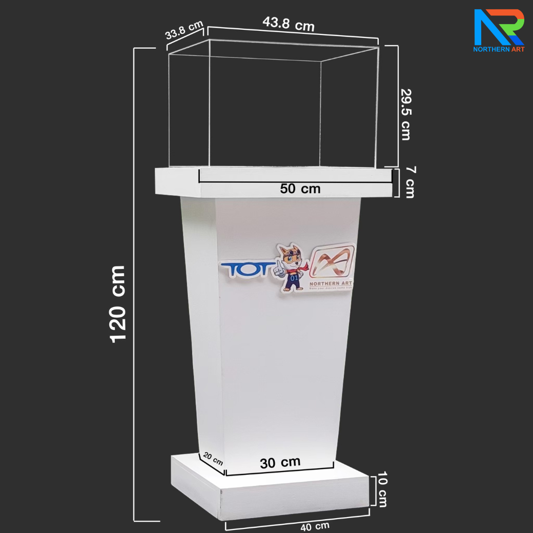 แท่นโชว์สินค้า ดีสเพลย์โชว์สินค้า โต๊ะโชว์สินค้า สีขาว ขนาด (W)50 x (L)50 x (H)120 cm. พร้อมอะคริลิคใส ครอบด้านบน