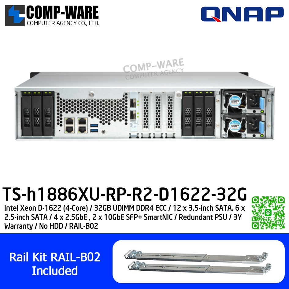 QNAP (2U 18-Bay) TS-h1886XU-RP-R2-D1622-32G / Intel Xeon D-1622 (4-Core) / 32GB UDIMM DDR4 ECC / 12 x 3.5-inch SATA, 6 x 2.5-inch SATA / 4 x 2.5GbE , 2 x 10GbE SFP+ SmartNIC / Redundant PSU / 3Y Warranty / No HDD / RAIL-B02
