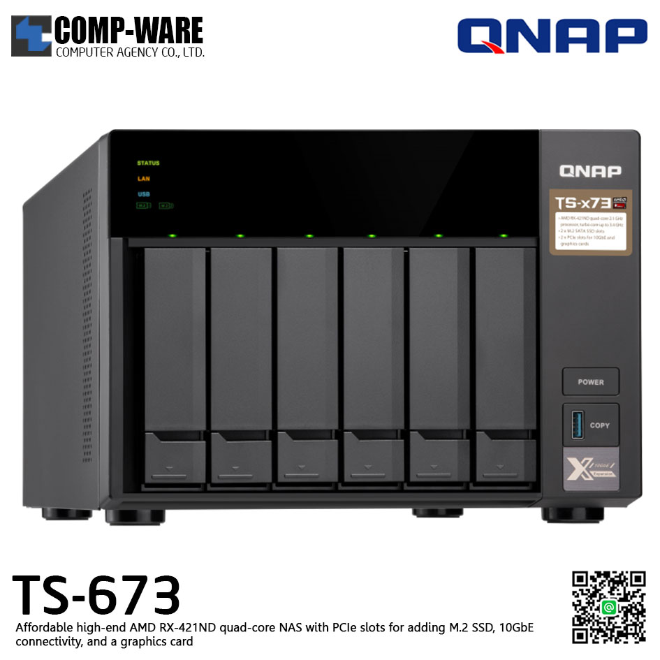 QNAP NAS (6-Bay) TS-673 (8GB RAM up to 64GB) AMD R series RX-421ND M.2 Dual-Slot Support No HDD