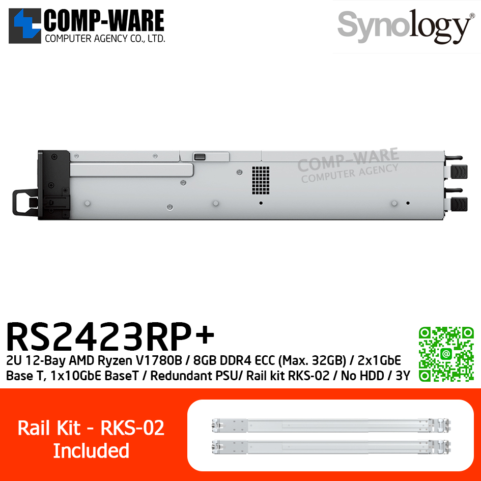 Synology RackStation (2U 12-Bay) RS2423RP+ / AMD Ryzen V1780B / 8GB DDR4 ECC (Max. 32GB) / 2x1GbE Base T, 1x10GbE Base T / Redundant Power Supply / Rail kit RKS-02 / No HDD / 3Y Warranty