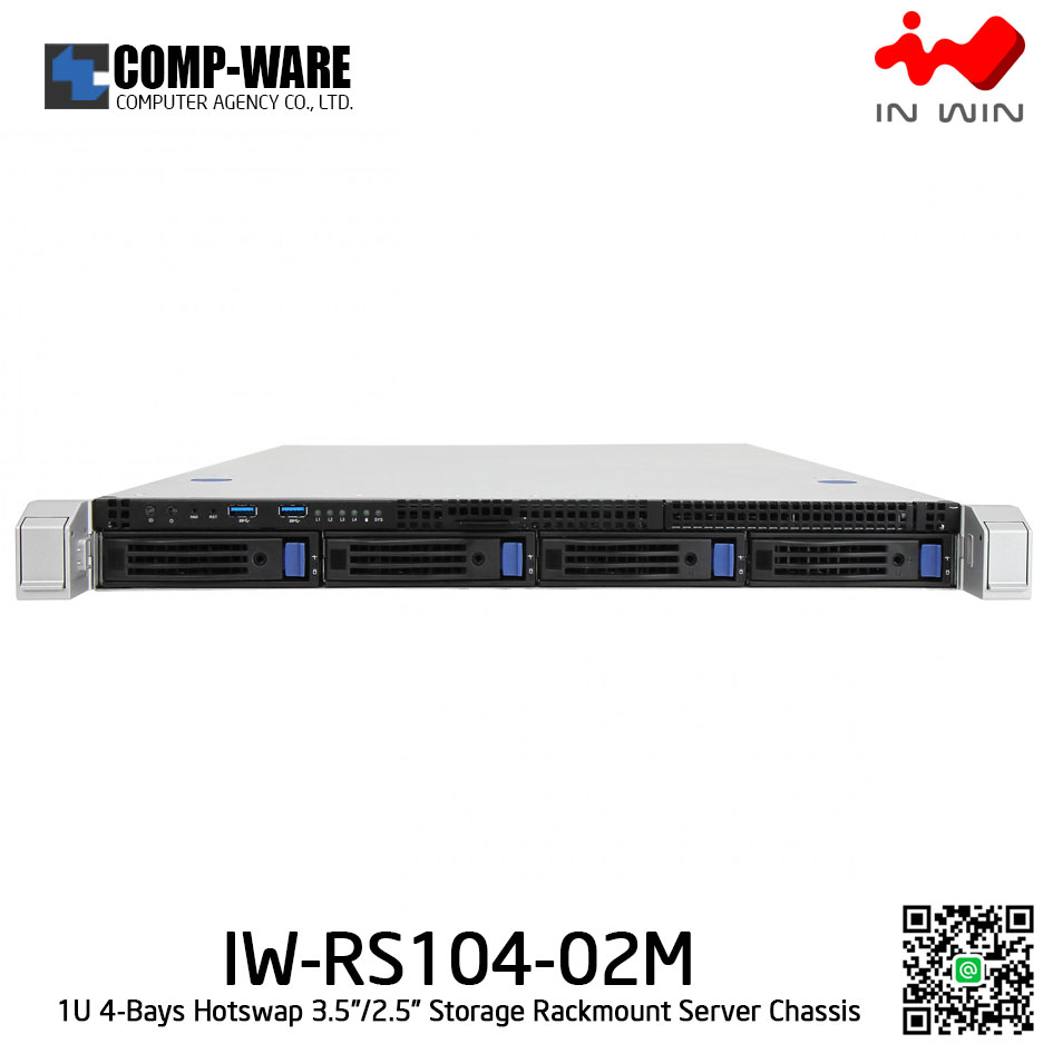 In Win Rackmount Server Chassis IW-RS104-02M 1U 4-Bays, 500W fixed supply, slide rail, Bezel