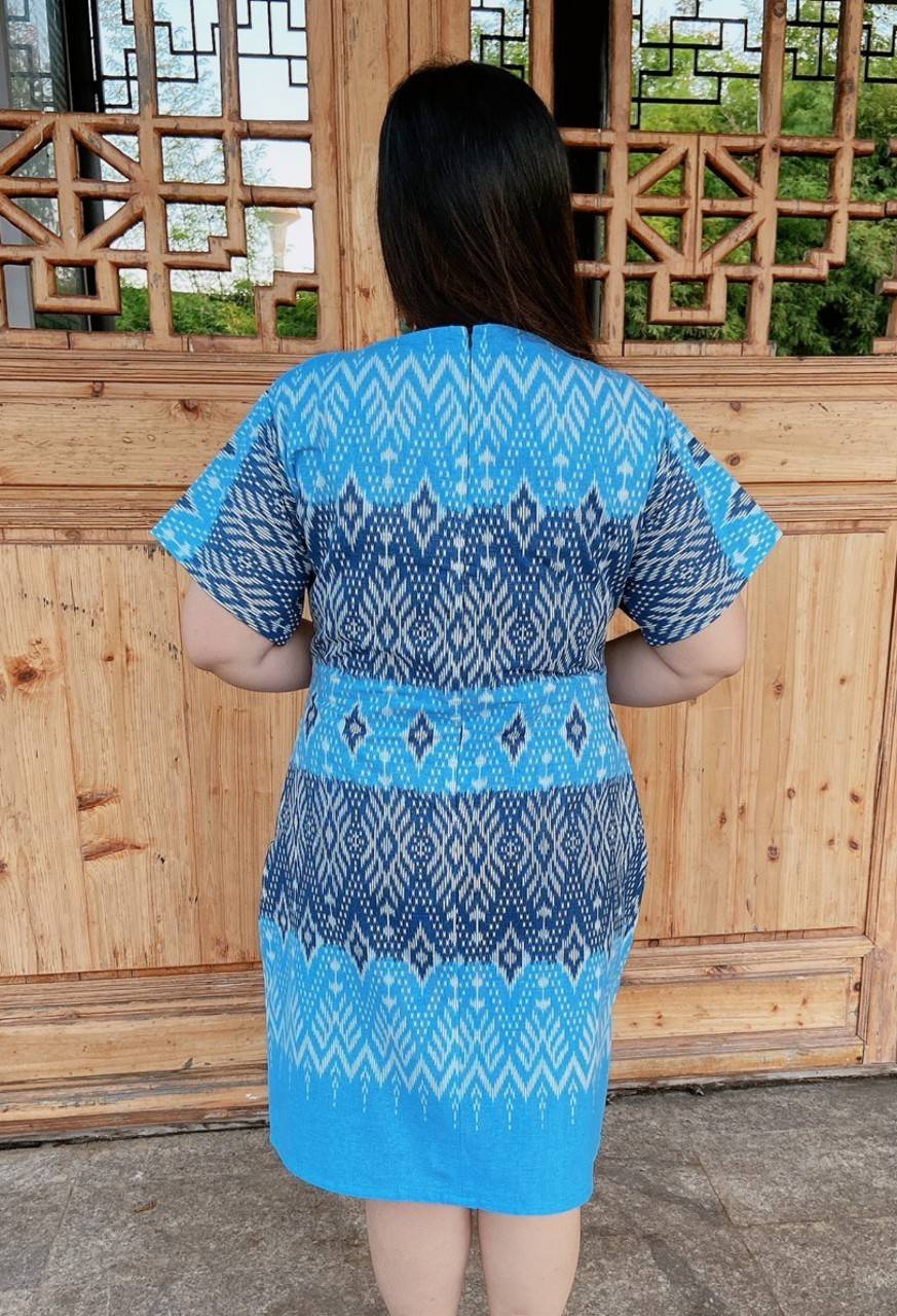 NNandNN Shop 1 0019 เดรสผ้าฝ้ายพิมพ์ลาย เดรสคอกลม แต่งเอวทวิช สีฟ้า หลายขนาด