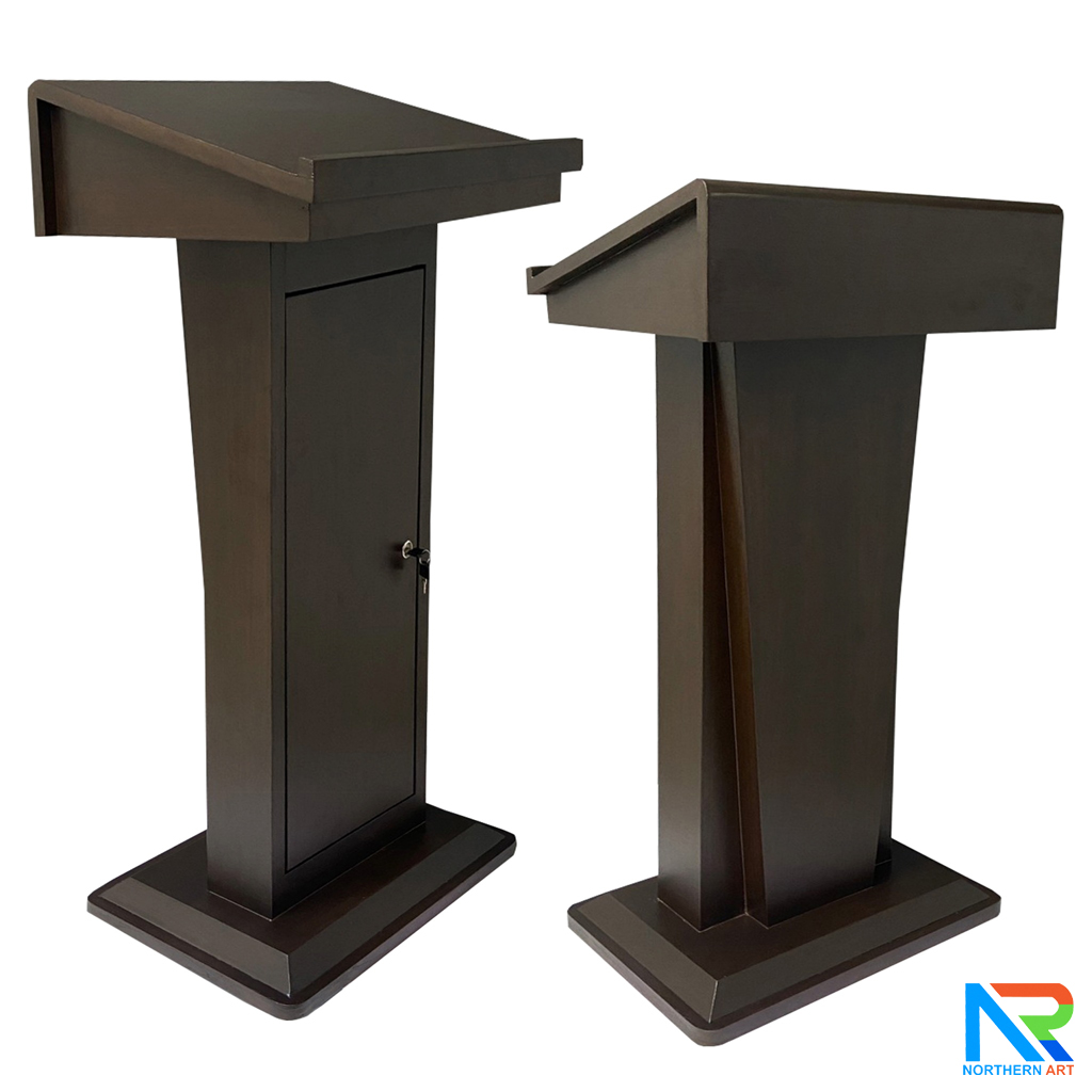 โพเดียมไม้ สีโอ๊ค ทรงโมเดิร์น TOP เอียง ขนาด (W)58 x (L)46 cm. สูง 114 cm. พร้อมตู้ใส่ของ มีกุญแจล็อค