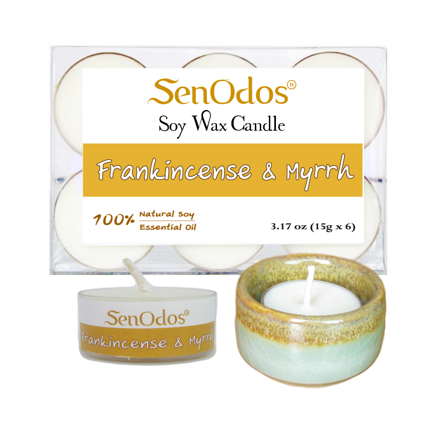 เทียนหอม เทียนทีไลท์ อโรม่า Frankincense & Myrrh Tealight Soy Candle Aroma 15g x6 PCS กลิ่นกำยาน & มดยอบ + เชิงเทียน ที่วางเทียนทีไลท์ ศิลาดล (เซลาดล) สีเขียวหยกขอบทอง
