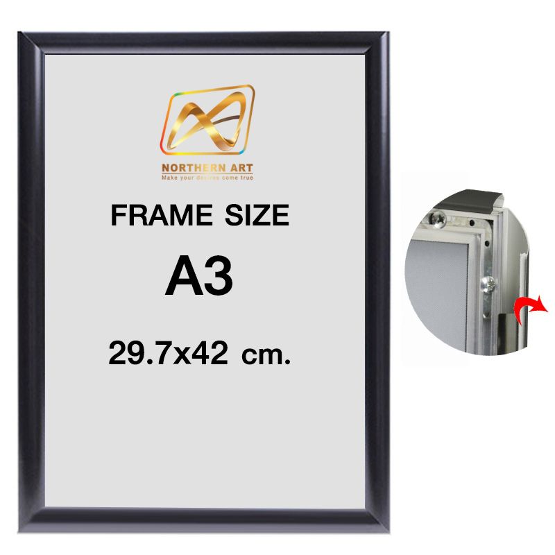กรอบอะลูมิเนียม รุ่นA สีดำ ปิดทับด้วยแผ่นฟิล์มใส เฟรมเปิดออกได้ทั้ง4ด้าน ใส่งานพิมพ์ได้ง่าย (สั่งผลิตตามขนาดที่ต้องการได้)