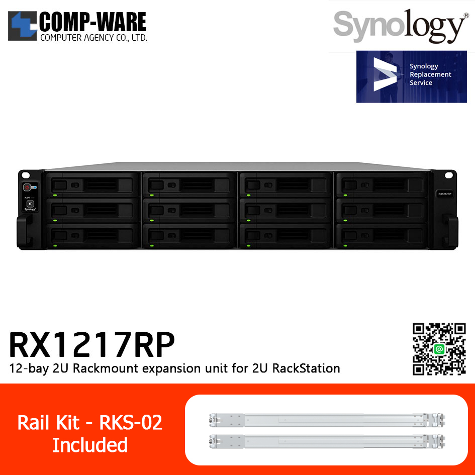 Synology Expansion Unit (2U 12-Bay) RX1217RP / Rail Kit RKS-02 / No HDD / 5 Year Warranty