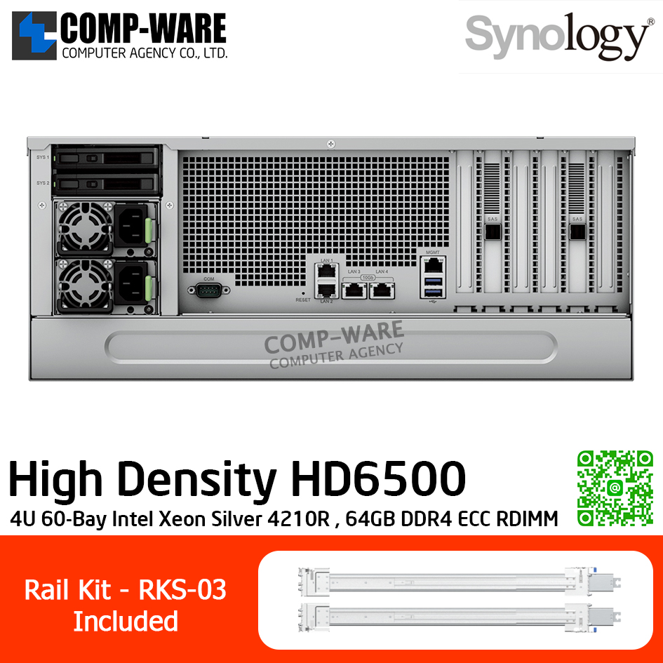 Synology High Density (4U 60-Bay) HD6500 / Intel Xeon Silver 4210R / 64GB DDR4 ECC RDIMM / 60 x 3.5" SAS HDD or 2.5" SATA SSD / 2 x RJ-45 1GbE , 2 x RJ-45 10GbE / Redundant PSU / Rail Kit RKS-03 / No HDD / 5Y Warranty