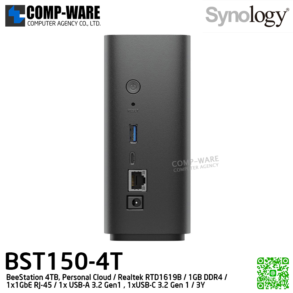 Synology BeeStation 4TB, Personal Cloud / Realtek RTD1619B / 1GB DDR4 / 1x1GbE RJ-45 / 1x USB-A 3.2 Gen1 , 1xUSB-C 3.2 Gen 1 / 3Y Warranty / BST150-4T