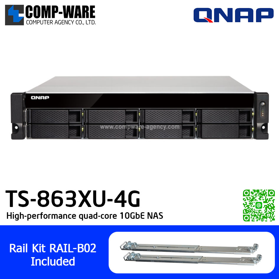 QNAP NAS (2U 8-Bay) TS-863XU (4GB RAM) Single Power Supply , with Rail Kit (RAIL-B02), No HDD