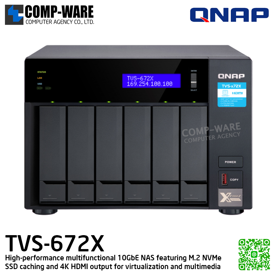 QNAP (Tower 6-Bay) TVS-672X-i3-8G / Intel Core i3-8100T (6Core) / 8GB (1x 8GB) DDR4 SODIMM / 6x 2.5"/3.5" SATA, 2x M.2 2280 PCIe Gen3 x2 / 2xGigaLan, 1 x 10GBASE-T Multi-Gig / 250W Single PSU / 2Y Warranty / No HDD