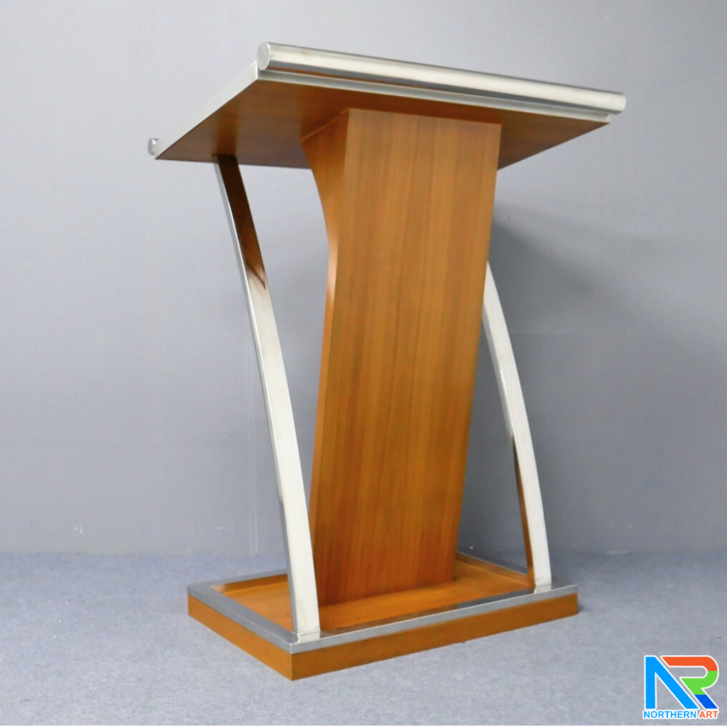 โพเดียมไม้ ยืนคู่ สีสัก ขนาด (W) 90x (L) 59 x (H) 120 cm.Topและฐาน หุ้มสแตนเลสเกรด304