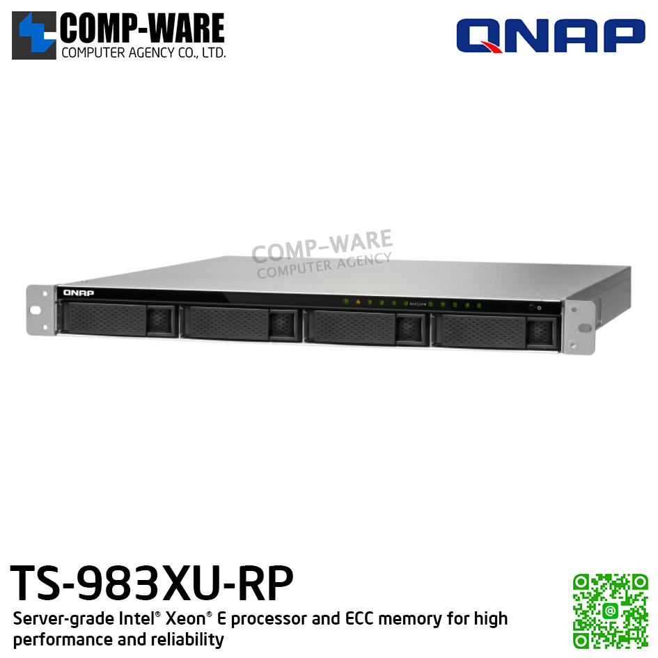 QNAP (1U 9-Bay) TS-983XU-RP-E2124-8G / Intel Xeon E-2124 (8Core) / 8GB UDIMM DDR4 ECC (2 x 4GB) / 4 x 2.5"/3.5" SATA 6Gbps + 5 x 2.5" SATA 6Gbps / 2 x GigaLan, 2 x 10GbE SFP+ SmartNIC / 300W Redundant PSU / 3Y Warranty , No HDD , No Rail Ki