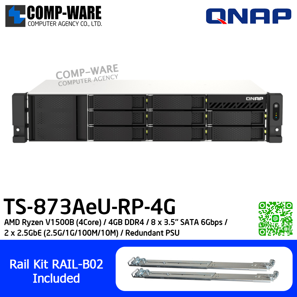 QNAP (2U 8-Bay) TS-873AeU-RP-4G / AMD Ryzen V1500B (4Core) / 4GB DDR4 / 8 x 3.5" SATA 6Gbps / 2 x 2.5GbE (2.5G/1G/100M/10M) / Redundant PSU / 3Y Warranty / No HDD / Rail Kit RAIL-B02