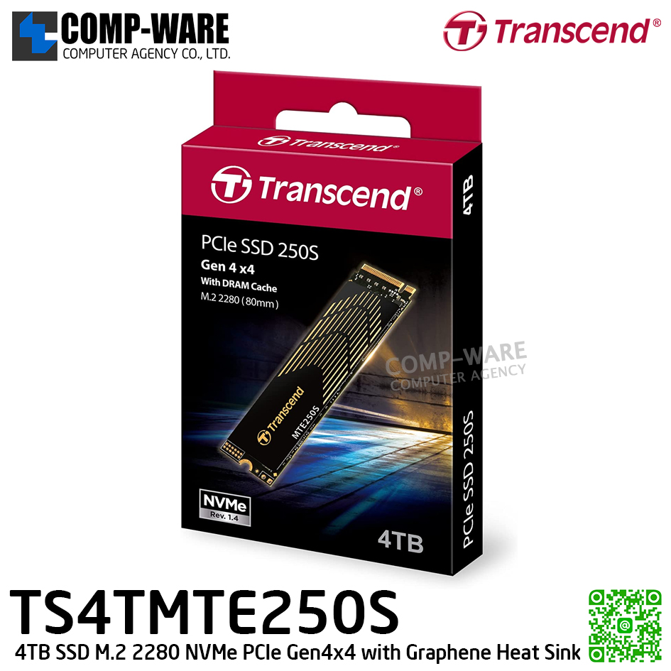 Transcend MTE250S 4TB SSD M.2 2280 NVMe PCIe Gen4x4 with Graphene Heat Sink , 3D TLC , TS4TMTE250S - 5Y Warranty
