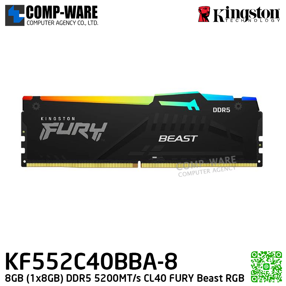 Kingston KF552C40BBA-8 8GB (1x8GB) DDR5 5200MT/s CL40 FURY Beast RGB - Lifetime Warranty - Memory Module - RAM