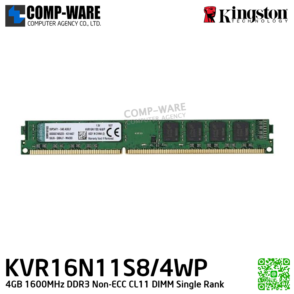 Kingston KVR16N11S8/4WP 4GB 1600MHz DDR3 Non-ECC CL11 DIMM Single Rank - Lifetime Warranty - Memory Module - RAM