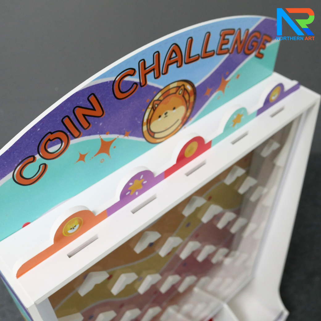 เช่าเกมส์หย่อนเหรียญตั้งโต๊ะ ขนาด (W)50 X (D)20 X (80) cm. วัสดุพลาสวูดหนา 8 มม. พร้อมเหรียญพลาสติกคละสี 10 เหรียญ