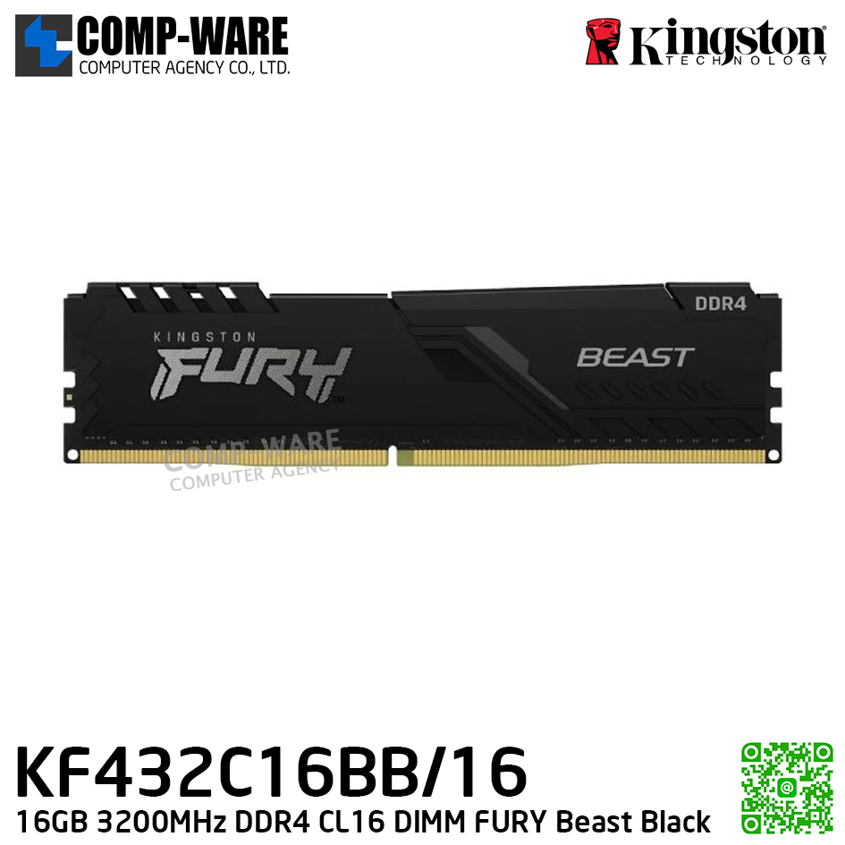 Kingston KF432C16BB/16 16GB 3200MHz DDR4 CL16 DIMM FURY Beast Black - Lifetime Warranty - Memory Module - RAM