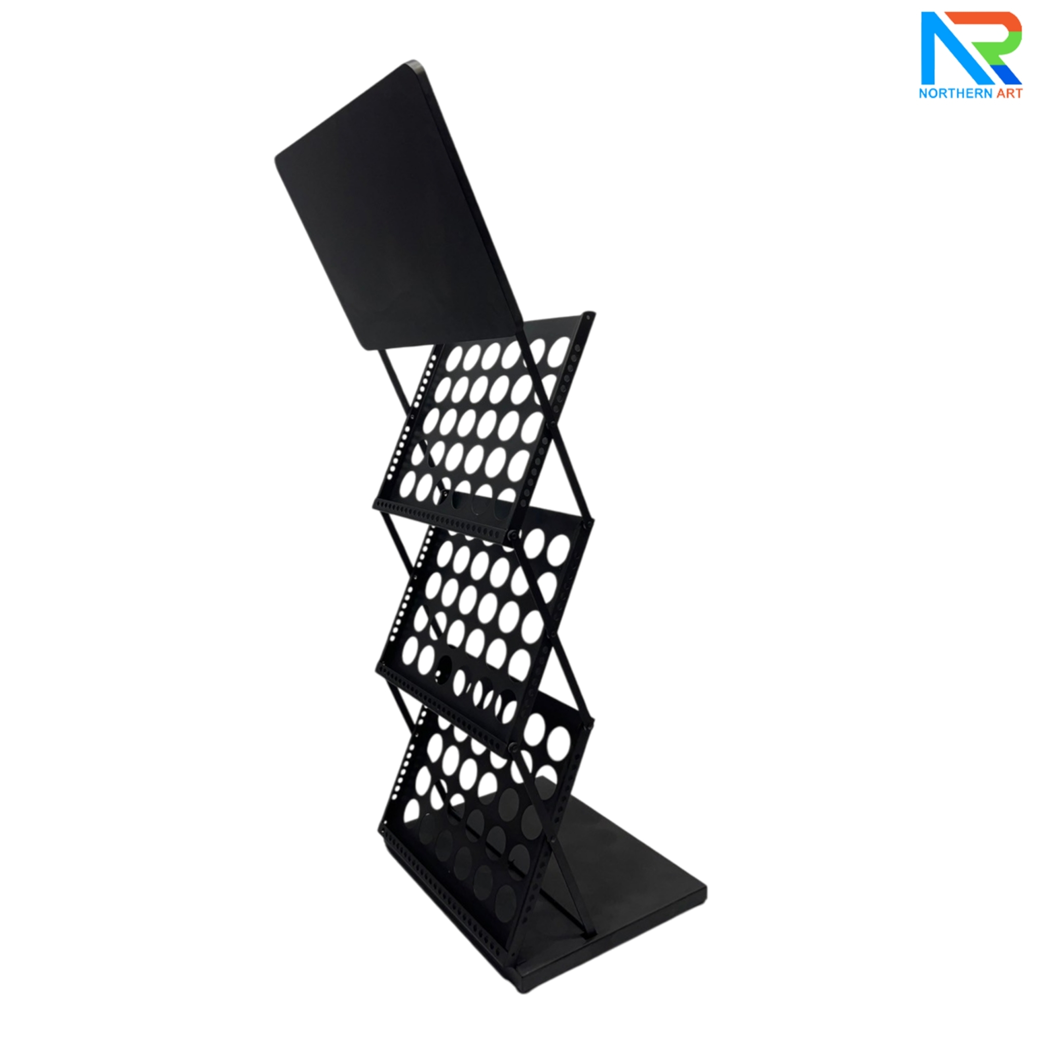 ชั้นวางโบรชัวร์เหล็กพร้อมTOPไม้สีดำ พับเก็บได้ ช่องใส่โบชัวร์ ขนาด A3 มี 3 ช่อง