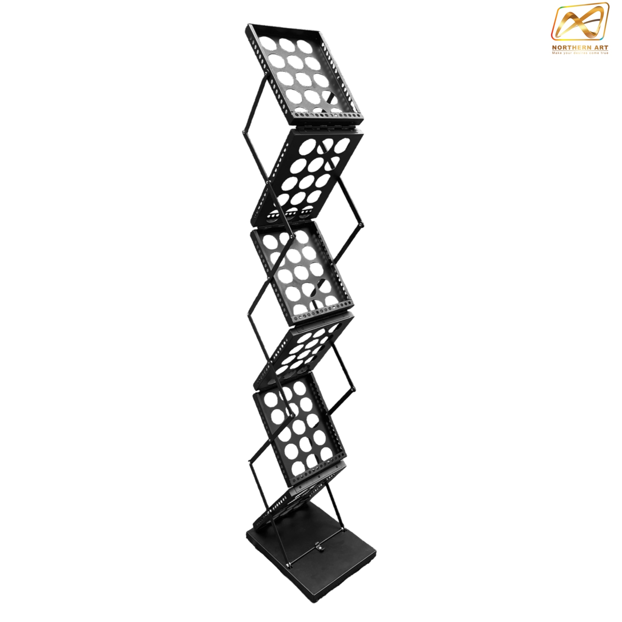 ชั้นวางโบรชัวร์เหล็ก สีดำ รุ่นพับได้ 2 ด้าน ขนาด A4 พับเก็บได้ เคลื่อนย้ายสะดวก พร้อมกระเป๋า 1 ใบ