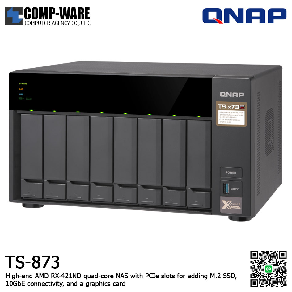 QNAP NAS (8-Bay) TS-873 (8GB RAM up to 64GB) AMD R-Series RX-421ND quad-core M.2 Dual-Slot Support, No HDD