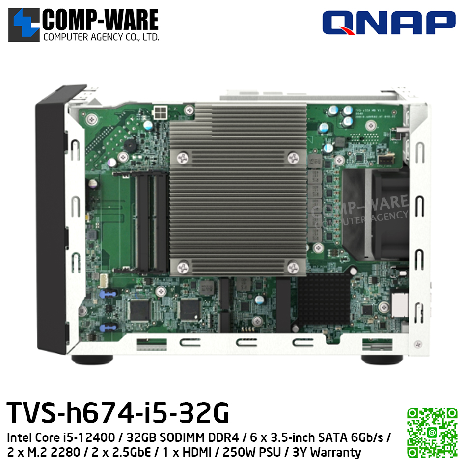 QNAP (Tower 6-Bay) TVS-h674-i5-32G / Intel Core i5-12400 / 32GB SODIMM DDR4 / 6 x 3.5-inch SATA 6Gb/s / 2 x M.2 2280 / 2 x 2.5GbE / 1 x HDMI / 250W PSU / 3Y Warranty / No HDD