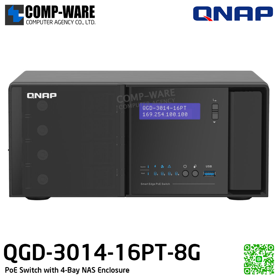 QNAP QGD-3014-16PT-8G PoE Switch with 4-Bay NAS Enclosure / 2Year Warranty