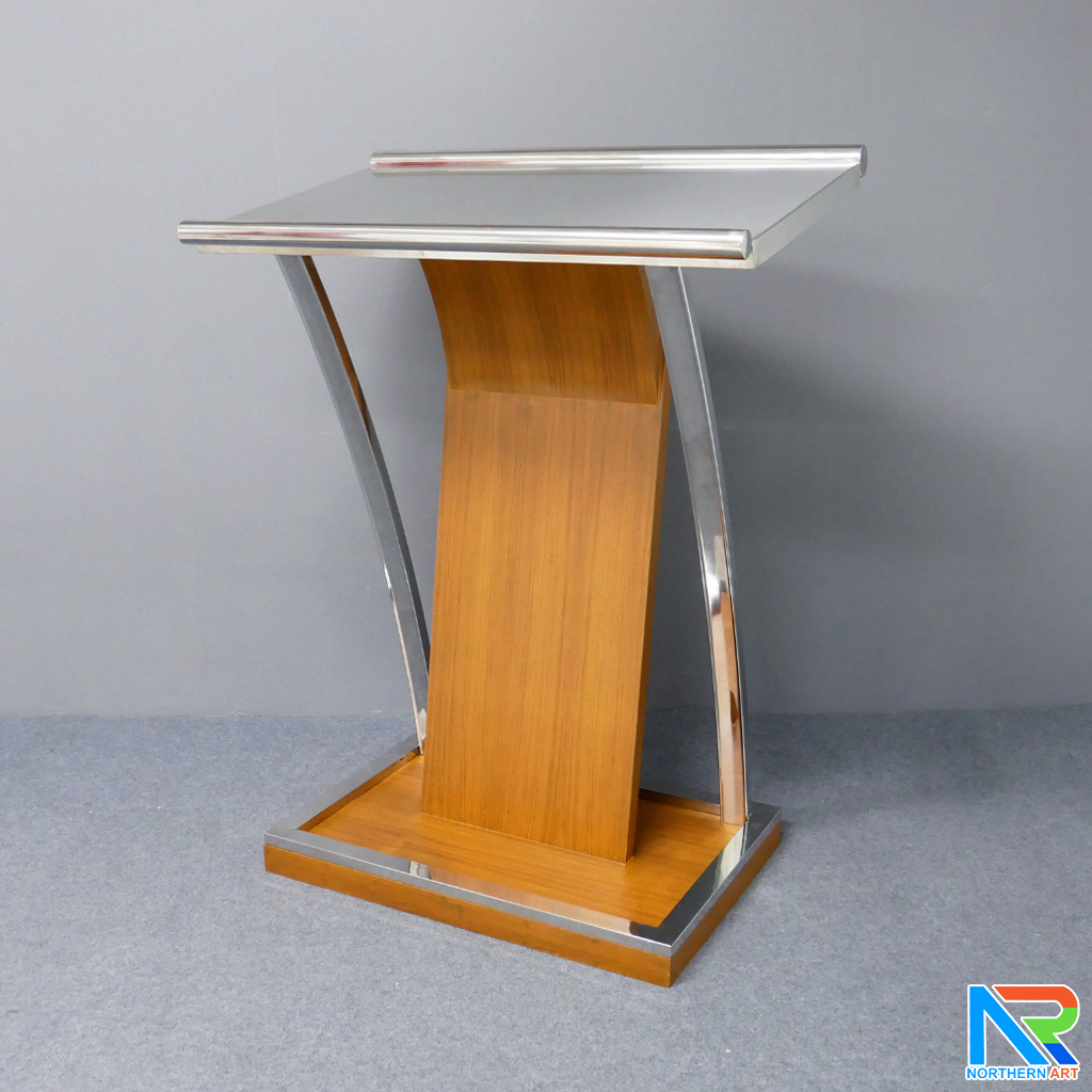 โพเดียมไม้ ยืนคู่ สีสัก ขนาด (W) 90x (L) 59 x (H) 120 cm.Topและฐาน หุ้มสแตนเลสเกรด304