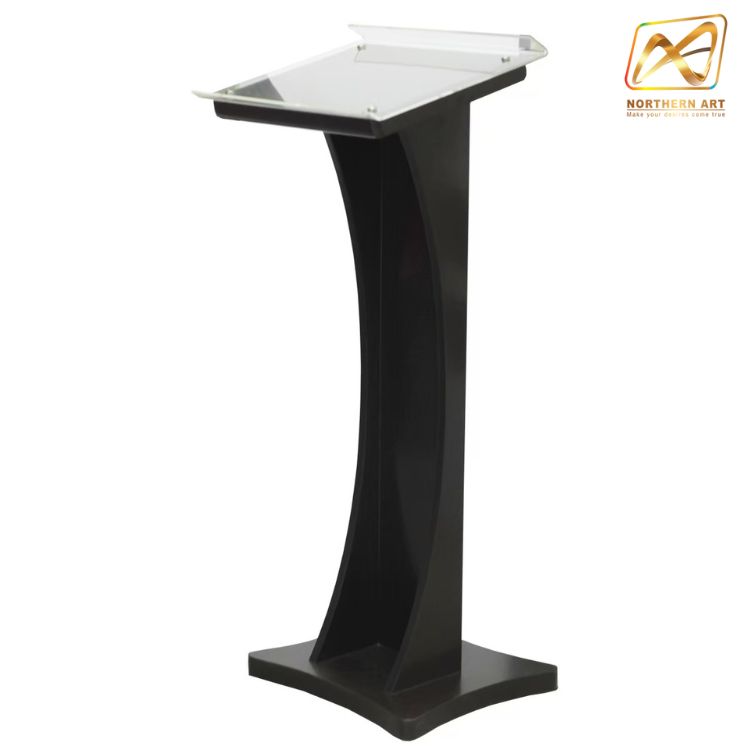 โพเดียมไม้ สีดำ ขนาด (W) 48 x (L) 40 x (H) 120 cm. Top เอียง ปิดทับอะคริลิคใสพร้อมหมุด