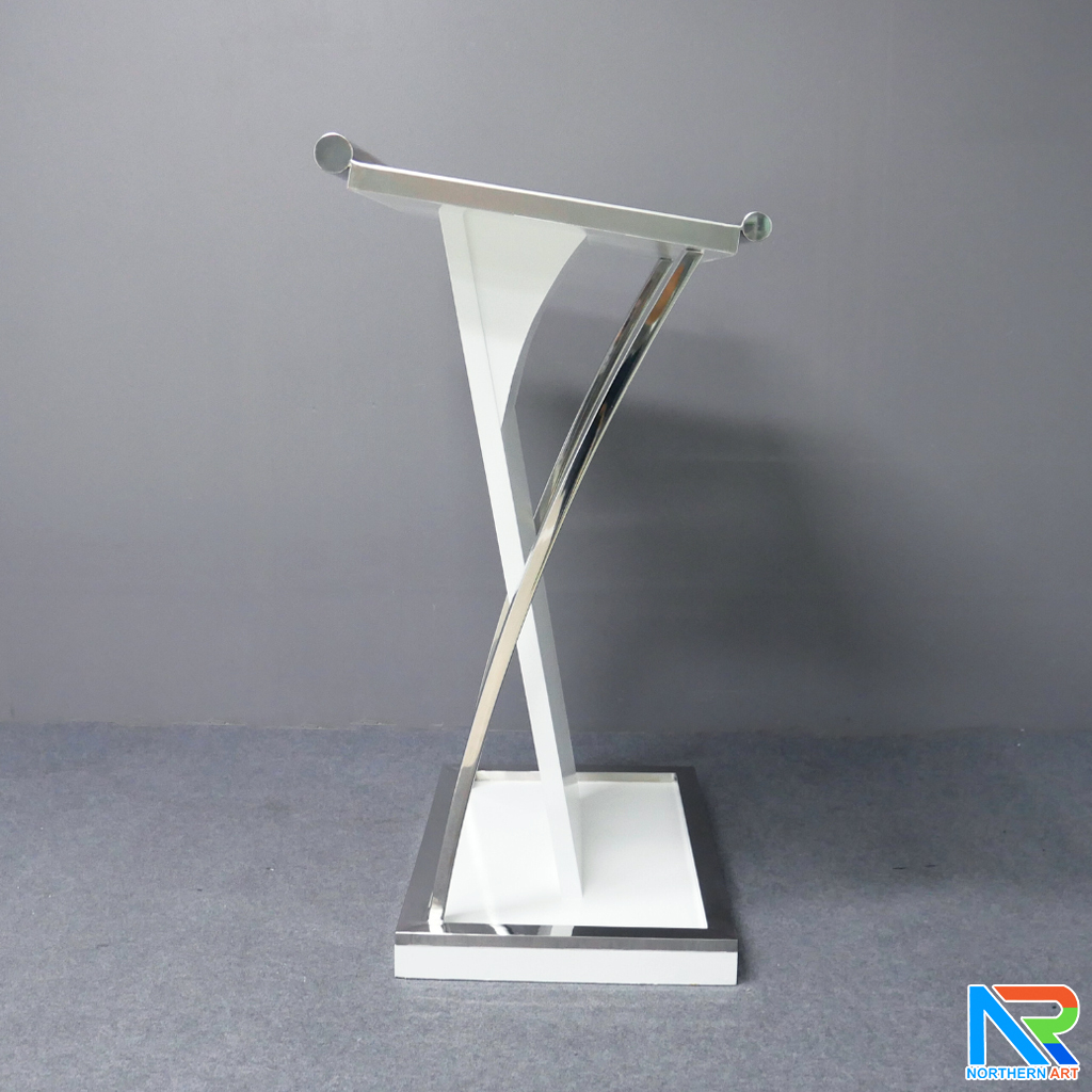 โพเดียมไม้ ยืนคู่ สีขาว ขนาด (W) 90x (L) 59 x (H) 120 cm.Topและฐาน หุ้มสแตนเลสเกรด304