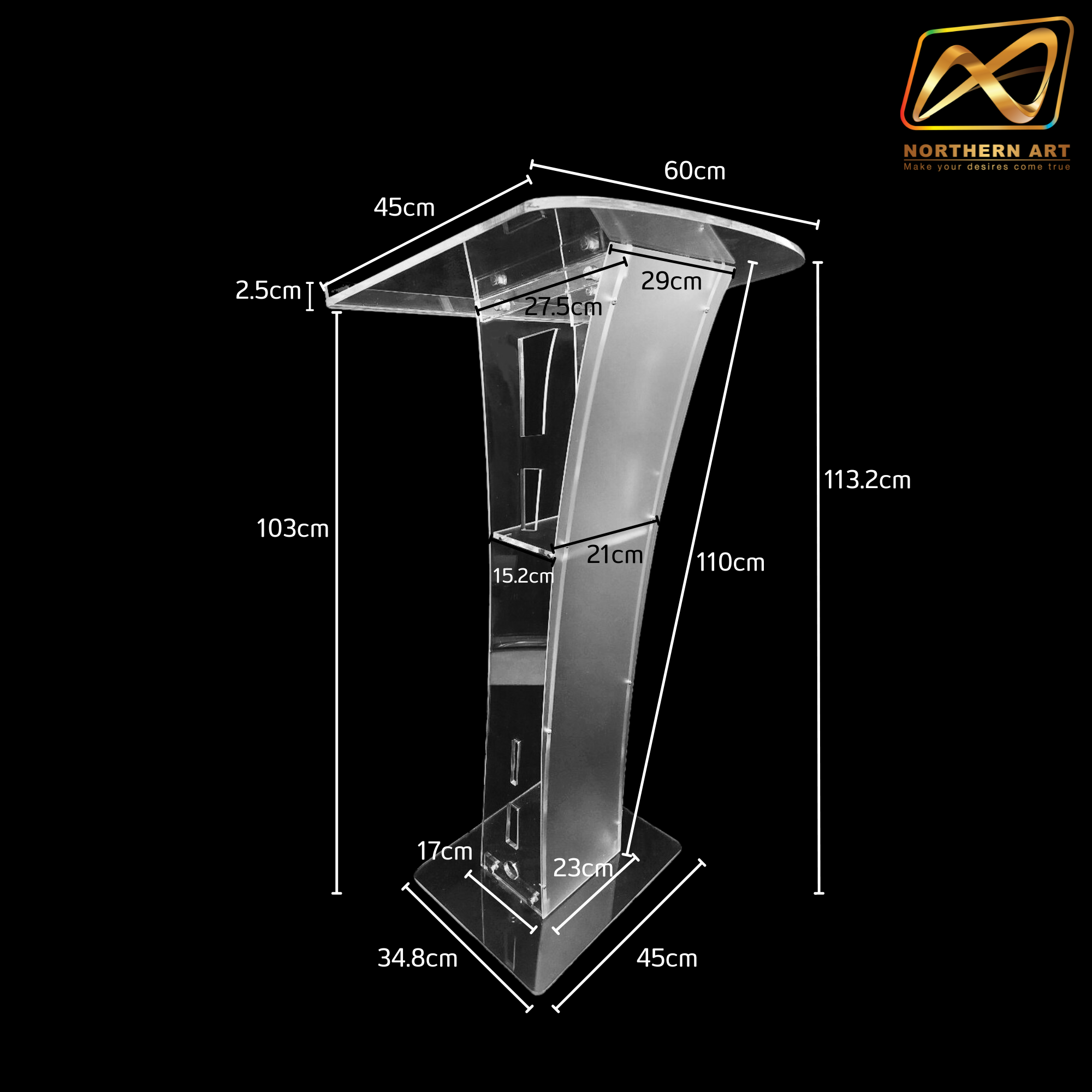 โพเดียมอะคริลิคใส รุ่น AC-12 ด้านหน้าอะคริลิคฝ้า TOP เอียง ขนาด(W)60 x (L)45 x (H) 113 cm.