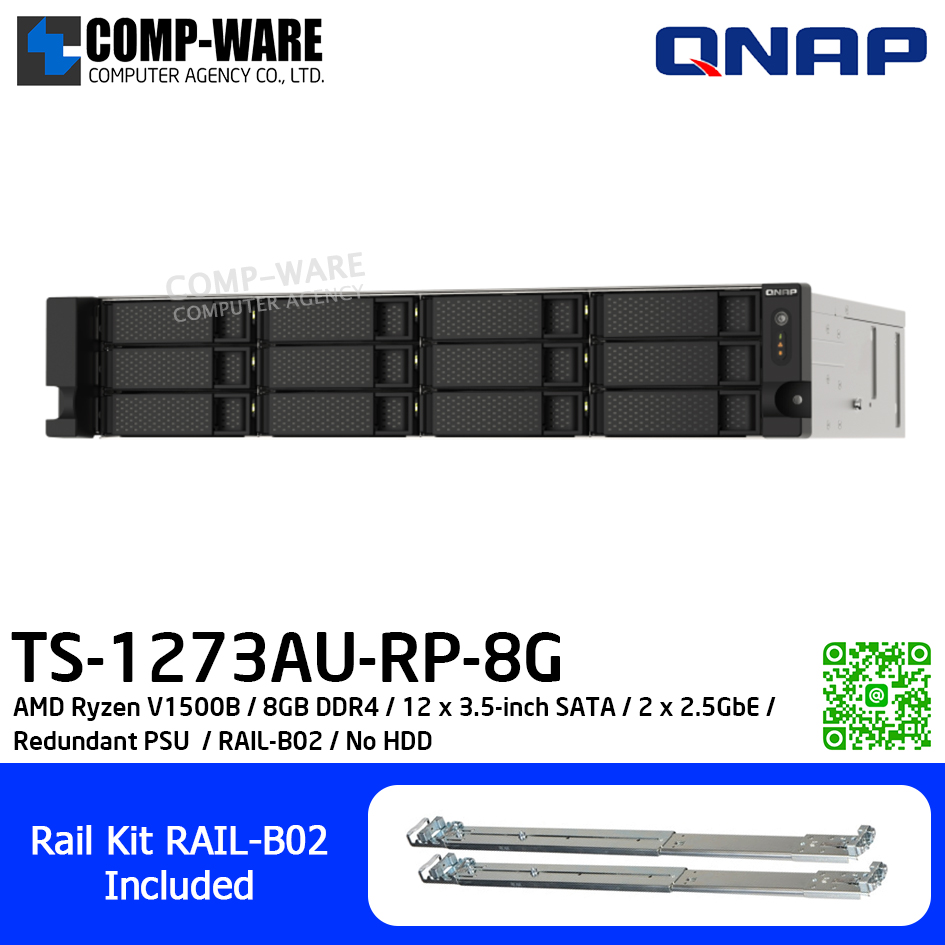 QNAP NAS (2U 12-Bay) TS-1273AU-RP / AMD Ryzen V1500B / 8GB DDR4 / 12 x 3.5-inch SATA / 2 x 2.5GbE / Redundant PSU / RAIL-B02 / No HDD / TS-1273AU-RP-8G / 3Y Warranty