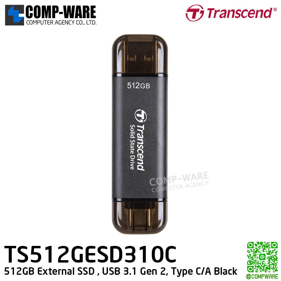 Transcend ESD310C 512GB External SSD , USB 3.1 Gen 2, Type C/A Black , TS512GESD310C - 5Y Warranty - Portable SSD