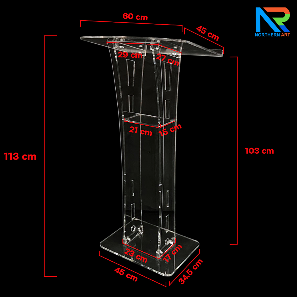 โพเดียมอะคริลิคใส รุ่น AC-16 TOPเอียง พร้อมกันตก ขนาด(W)60 x (L)45 ซม. สูง 113 ซม.