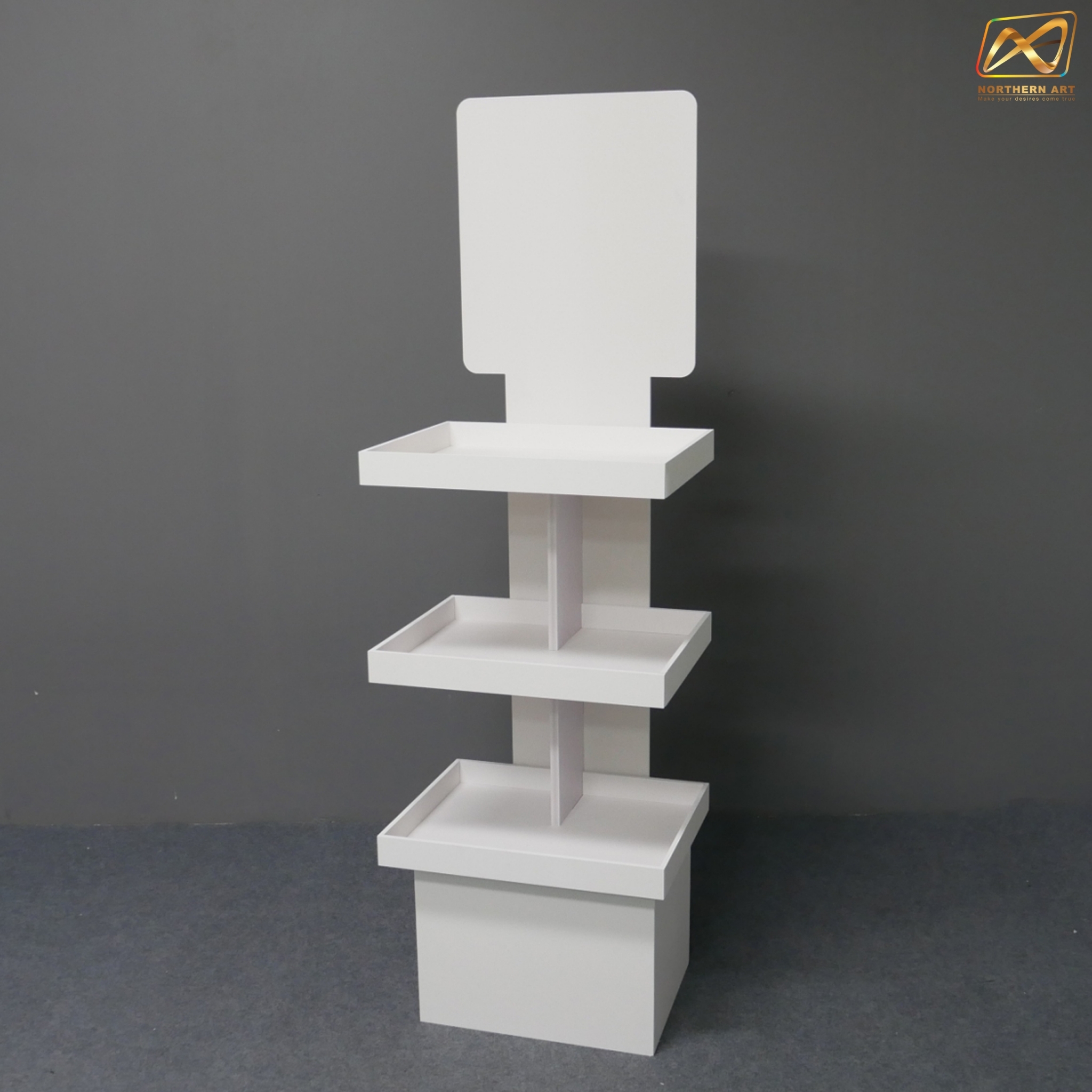 ชั้นวางสินค้าพลาสวูด 3 ชั้น ขนาด (W)40 x (D)31.6 x (H)150 ซม. พลาสวูดหนา 8 มม.พร้อมงานพิมพ์สติ๊กเกอร์